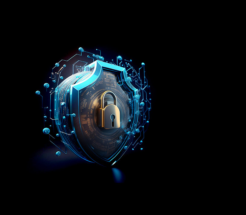 Escudo digital com cadeado representando cibersegurança